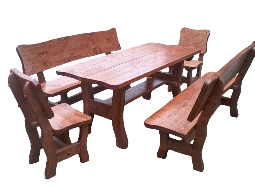 Komplet biesiadny (ogrodowy) gruby-świerkowy Wykonany z blatów klejonych o gr 4.5cm Dł. stołu oraz ławek 160cm/200cm Dł. siedzenia stołków 48cm lakierowany kolor tik,orzech ciemny,dąb Cena 1200zł(160) netto(200cm+100zł)