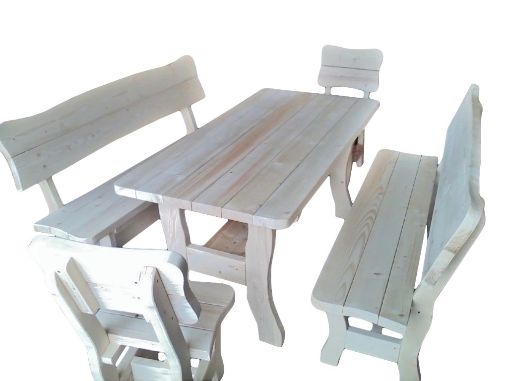 Komplet ogrodowy wycinany-świerkowy Dł. stołu oraz ławek 160cm/200cm Dł. siedzenia stołków 48cm Gr. wszystkich elemetów 4cm Cena 850zł(160cm) netto(200cm+80zł)